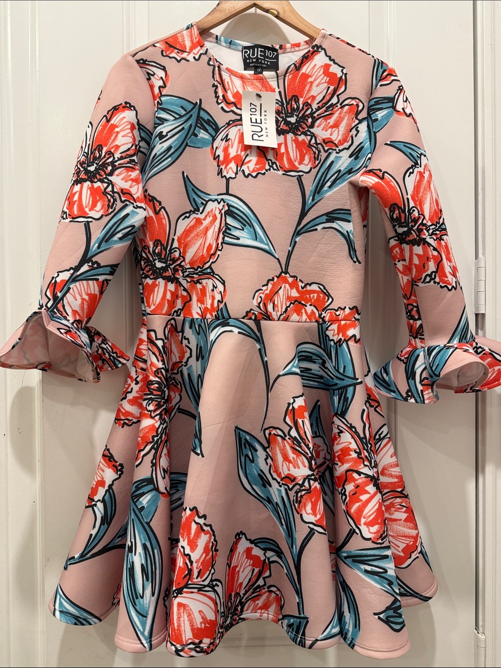 Rue 107 Pink Floral Mini Dress with Coral and Teal Accents
